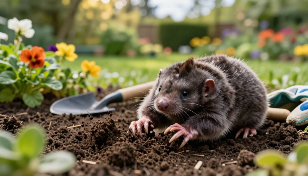 A close-up view of a mole (kret) in an garden setting, showcasing its small, dark fur and distinctive features including its large, spade-like hands digging through rich, moist soil. In the foreground, detailed soil clumps are thrown up, with a few scattered garden plants in vibrant colors like greens and bright flowers. The middle ground presents a slightly blurred focus on garden tools like a spade and gloves, suggesting an active gardening scene. In the background, a sunlit, lush garden with trees and flowering shrubs creates a serene atmosphere. The image is bathed in warm, natural lighting, highlighting the mole's textures and the vibrant colors of the garden, with a shallow depth of field to emphasize the mole's activity.
