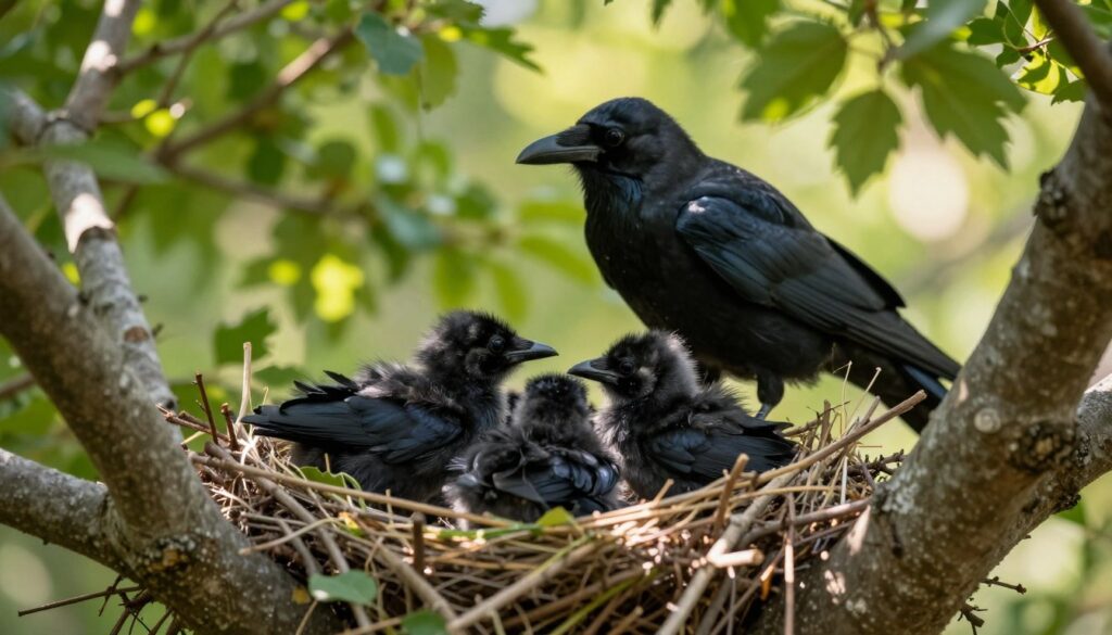 A close-up view of a nest containing several lively, fluffy black crow chicks, with soft downy feathers and curious expressions. In the foreground, the nest is made of twigs, grass, and leaves, nestled securely in a sturdy branch of a lush green tree. The middle ground features the attentive parent crow perched nearby, watching over the chicks with a protective gaze. In the background, the vibrant foliage of the forest is softly blurred, creating a serene, natural atmosphere. The setting is illuminated by warm, dappled sunlight filtering through the leaves, casting gentle shadows and enhancing the tender mood of nurturing and family. The angle is slightly tilted downwards to focus on the chicks while keeping the parent crow in view, creating a sense of intimacy.