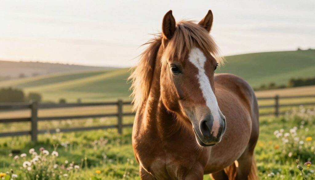 A close-up view of a smiling pony standing in a lush green pasture, showcasing its well-groomed coat and healthy physique. In the foreground, highlight the pony's expressive eyes and gently flowing mane, capturing its playful personality. The middle ground features the surrounding landscape of softly rolling hills, wildflowers, and a wooden fence to set a serene atmosphere. In the background, a soft, warm golden sunlight bathes the scene, evoking a feeling of tranquility and well-being. The overall mood is positive and nurturing, focusing on the beauty of the pony's life stage. The composition should be presented with a slightly angled shot to emphasize depth, and a medium aperture to softly blur the background while keeping the pony sharply in focus.