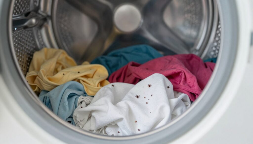 A close-up view of a washing machine drum, showcasing a variety of ticks (kleszcze) scattered among damp laundry. The foreground features the metallic, textured surface of the drum, with water droplets glistening under bright, natural lighting. In the midsection, see the colorful, crumpled clothes entwined, with ticks partially obscured, emphasizing their small size and distinct shapes. The background fades softly into the blurred outline of the washing machine's exterior, creating a sense of depth. The overall mood is clinical and slightly unsettling, illustrating the concern of ticks surviving in laundry. The angle is slightly tilted, adding dynamism while remaining in sharp focus on the ticks and laundry.
