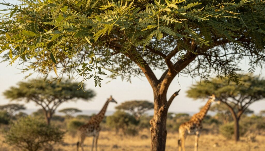 A close-up view of acacia leaves, showcasing their intricate shapes and delicate textures. In the foreground, vibrant green leaves with a mix of light and shadow, illuminated by soft, dappled sunlight filtering through a canopy of branches. The middle ground features the slender, towering trunk of an acacia tree, adding depth to the composition. In the background, hints of other savanna vegetation blur softly, creating a sense of a vast, natural landscape. The atmosphere is serene and tranquil, evoking a connection with nature. The lighting is warm and golden, reminiscent of the late afternoon sun. The image should encapsulate the essence of the African savanna, focusing on the essential dietary source for giraffes while maintaining vivid detail and clarity.