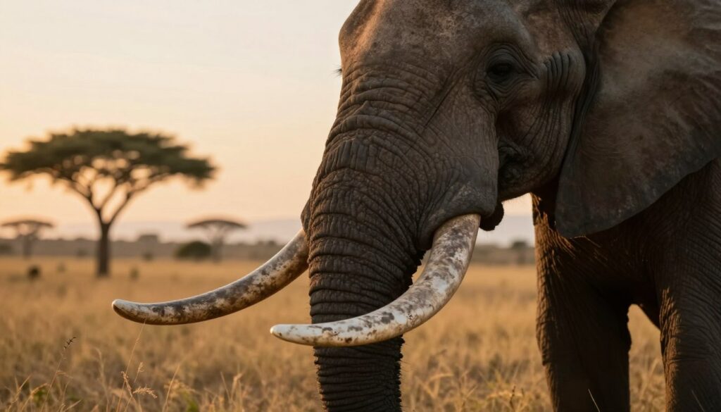 A close-up view of an African elephant's teeth and tusks, showcasing the intricate textures and details of the worn ivory. In the foreground, focus on the prominent, aged molars, with visible grooves and wear that indicate the elephant's mature age. The middle ground includes the powerful tusks, gracefully curved and slightly weathered, enhancing the sense of age and wisdom. In the background, softly blurred, depict a natural savannah landscape, with soft golden grass and acacia trees, under a warm, golden sunset sky that casts gentle light, creating a peaceful atmosphere. The image should evoke a sense of the elephant's journey through life, emphasizing the connection between its teeth, aging, and survival. The mood should be serene and contemplative, highlighting the beauty and majesty of this magnificent creature.