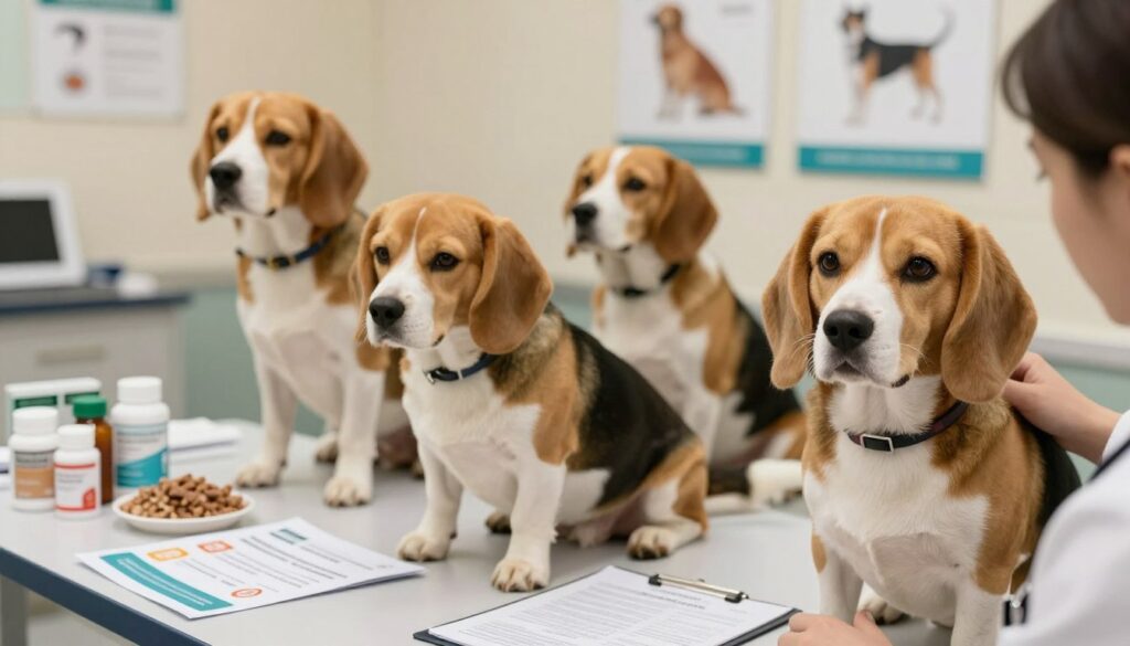 A collection of Beagle dogs sitting in a veterinary clinic, showcasing common health issues they face. In the foreground, two Beagles are being examined by a veterinarian; one has a slight limp, while another has a vet chart next to it. In the middle, various pet care items like medication, diet food, and a health pamphlet are scattered across a table, with a soft-focus on the background, depicting informational posters about Beagle health. The lighting is warm and inviting, suggesting a caring environment. A close-up shot from a slightly elevated angle captures the dog's expressions clearly, evoking empathy and concern for their health. The overall mood is informative yet gentle, suitable for a discussion about Beagle health problems.
