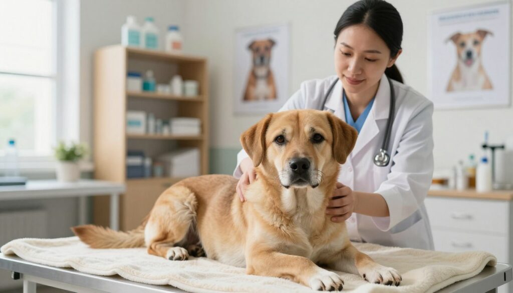 A compassionate scene showing a medium-sized dog with a gentle, soulful expression, lying comfortably on a soft blanket in a cozy, well-lit veterinary office. In the foreground, the dog is the focal point, showcasing its calm demeanor, with subtle signs of its health condition. The middle ground includes a caring veterinarian softly examining the dog, dressed in a professional attire, radiating warmth and understanding. In the background, shelves filled with veterinary supplies and comforting posters about pet wellness create an inviting atmosphere. Natural light streams through a nearby window, giving the image a hopeful and serene ambiance, emphasizing the connection between the dog and the veterinarian, symbolizing support and care during a challenging time.