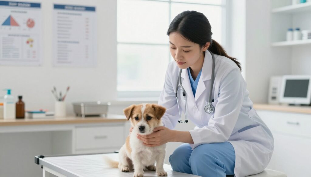 A compassionate veterinarian in a modern clinic setting, kneeling beside a small, anxious dog on an examination table. The veterinarian, a woman in professional attire with a stethoscope around her neck, appears focused and reassuring. In the foreground, the dog looks distressed but comforted by the vet's presence. The middle layer shows an array of veterinary tools and medical charts in soft focus, emphasizing the urgency of the situation. In the background, a bright window provides natural light, enhancing the scene's warmth and calmness. The overall atmosphere conveys a sense of professionalism, care, and urgency, suitable for a moment requiring immediate veterinary assistance.