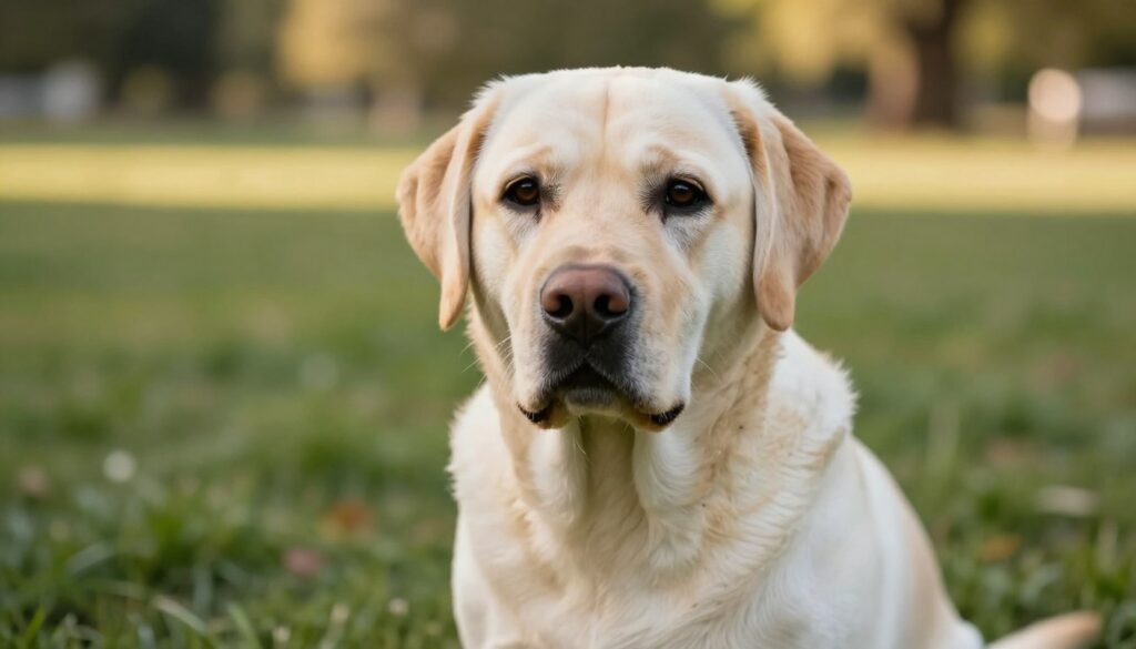 A concerned Labrador Retriever sitting on a soft patch of grass in a warm, natural setting. The dog's features are highlighted, showcasing its expressive eyes and gentle demeanor, with signs of common breed-related health issues, such as slight weightiness and a lethargic posture. In the background, hints of a serene park environment can be seen, dotted with trees and soft sunlight filtering through leaves. The lighting is warm and inviting, enhancing the emotional connection with the viewer. The image should reflect an atmosphere of care and compassion, emphasizing the need for awareness of health issues in the breed. The angle should be a close-up, focusing on the Labrador’s face and upper body, creating an intimate and engaging mood.
