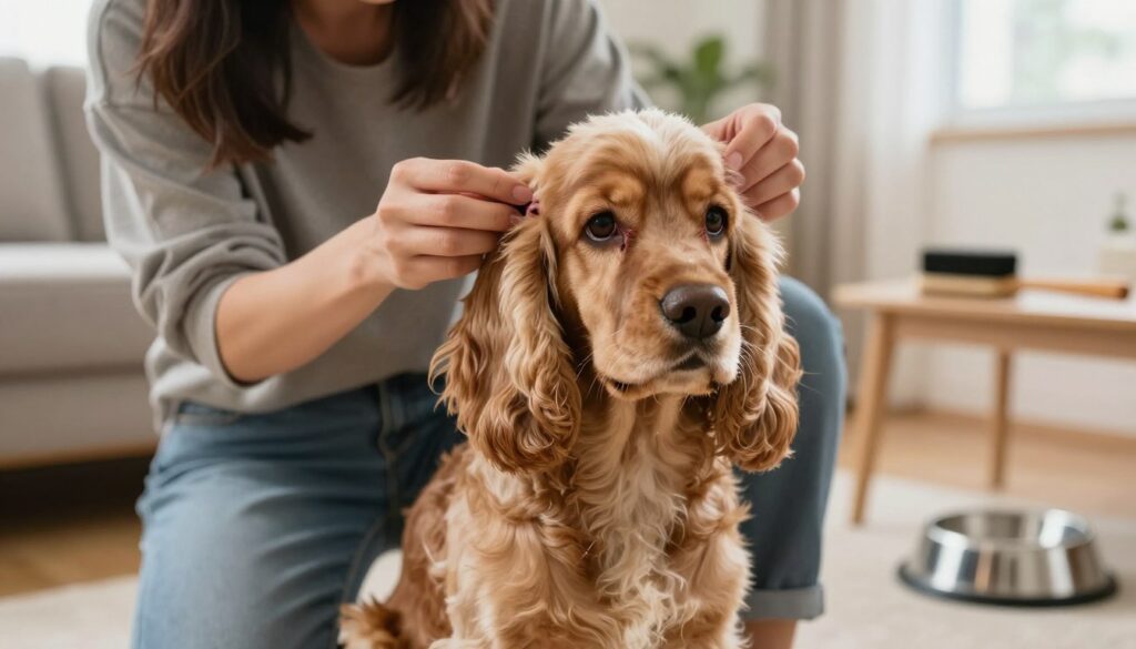 A concerned cocker spaniel, displaying signs of common health issues like ear infections, eye problems, and hip dysplasia. The dog is sitting in a cozy, well-lit living room, with its owner gently examining its ears and eyes, showcasing a nurturing environment. In the foreground, focus on the dog’s expressive face and its fluffy fur, while the owner is partially visible in the background, wearing casual, caring attire. Soft, natural light filters through a nearby window, creating a warm and compassionate atmosphere. Include a few dog care items such as a dog bowl and a brush on a table in the background, emphasizing a theme of health awareness and preventive care for cocker spaniels.