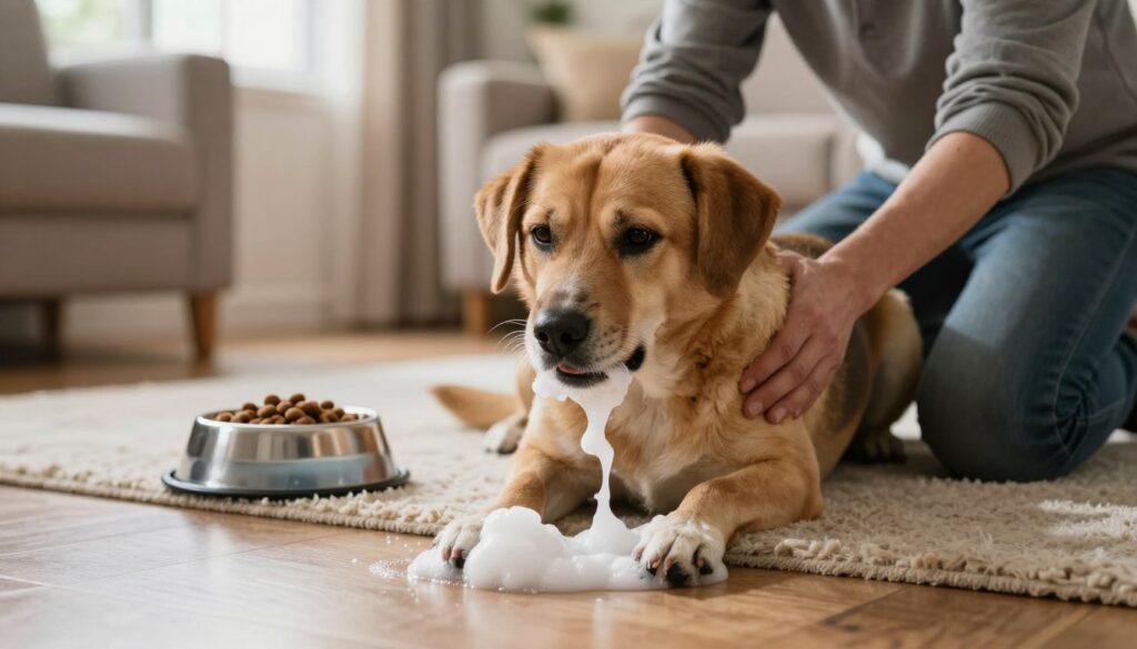 A concerned dog owner kneeling beside a worried dog vomiting white foam in a warm, cozy home setting. The dog is a medium-sized breed, with a distressed expression, lying on a soft rug. In the foreground, the dog's foam is visible on the floor, while the owner's hand gently supports the dog's side, showing care and attention. In the middle ground, a bowl of water and dog food sits untouched, hinting at the dog's lack of appetite. The background features a light-filled living room with soft furnishings, creating a comforting but tense atmosphere. The lighting is warm and natural, filtering through a nearby window, with a slight focus on the dog to emphasize the situation.