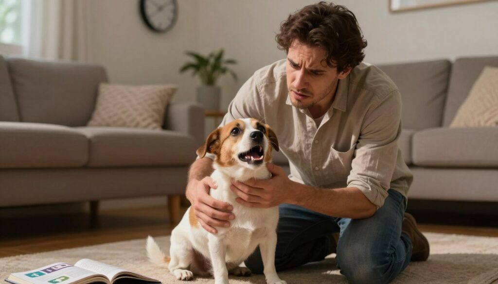 A concerned pet owner in a cozy living room, visibly anxious, is kneeling beside a small dog struggling to breathe, its body tense and eyes wide with distress. The dog has a slightly open mouth, indicating difficulty, while the owner exudes urgency, clasping the dog gently to assess the situation. Soft, warm lighting illuminates the scene, casting gentle shadows that emphasize the worried expressions. In the background, subtle details like a clock on the wall and an open pet first aid manual are visible, adding context to the urgency. The atmosphere is tense yet compassionate, highlighting the bond between the owner and the pet, and showcasing the critical moment of recognition of a choking hazard.