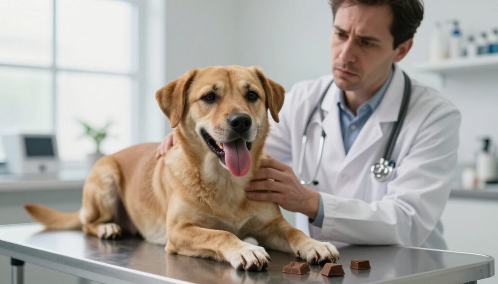 A concerned veterinarian examines a medium-sized dog showing signs of chocolate poisoning. The dog, looking distressed, has its tongue out and is laying on an examination table in a well-lit veterinary clinic. In the foreground, a few pieces of chocolate are visible nearby, emphasizing the cause of the dog's condition. The veterinarian, dressed in a white coat, is carefully observing the dog’s symptoms, displaying a worried expression. The clinic features medical equipment in the background, subtly illustrating a professional environment. Soft, natural light filters through a window, creating a calm yet urgent atmosphere, highlighting the seriousness of the situation. The overall mood balances concern and professionalism, with a focus on the dog's symptoms and care.