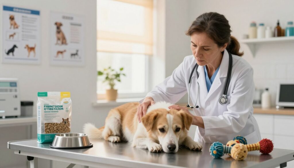 A concerned veterinarian in a bright, well-lit clinic setting, checking a dog with a sad expression lying on an examination table. The veterinarian is a middle-aged woman wearing a white coat, demonstrating compassion and professionalism. In the foreground, a few common dog care items like a water bowl, fiber-rich food packaging, and dog toys suggest a focus on proper care. The middle ground highlights the veterinary equipment and charts about dog health. In the background, warm light filters through a window, creating a comforting atmosphere, emphasizing the serious yet caring approach to managing dog constipation. The overall mood is one of concern yet hope, portraying the importance of understanding what not to do when dealing with a dog's constipation issues.