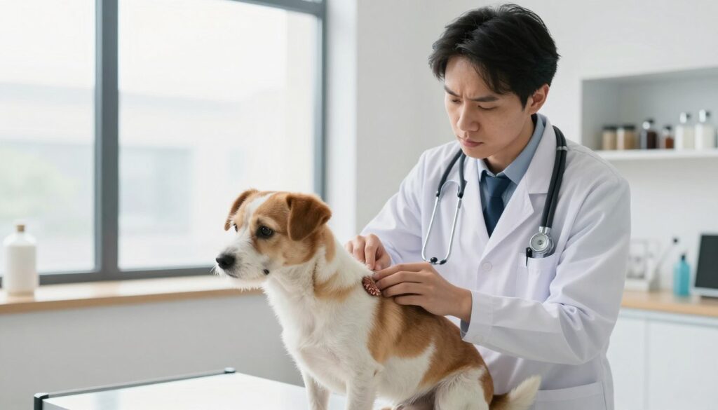 A concerned veterinarian in a clean, modern examination room gently examines a small dog, focusing on a noticeable lump near the animal's shoulder. The vet is dressed in professional attire, with a stethoscope around their neck and a thoughtful expression on their face. The dog looks calm and trusting. In the background, bright light filters through a large window, showcasing veterinary care tools neatly organized on a nearby shelf. The atmosphere is calm and reassuring, conveying the importance of monitoring health conditions in pets. The scene is captured from a slightly elevated angle, showcasing both the vet's careful examination and the dog's comfort.