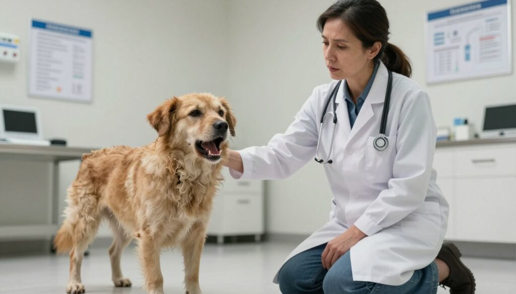 A concerned veterinarian kneeling beside a distressed dog in a clinical examination room, the dog has visibly strained features and its fur is slightly matted. The background features medical equipment and charts on the walls, with soft overhead lighting creating a sterile yet warm atmosphere. The veterinarian, a middle-aged woman dressed in a white lab coat, appears focused and attentive, reaching out gently towards the dog. The dog's mouth is slightly open, showing signs of distress, and the floor is subtly visible with a clean, neutral color. The angle captures both the emotional bond between the vet and the pet while also highlighting the urgency of the situation, conveying a mood of concern and care.