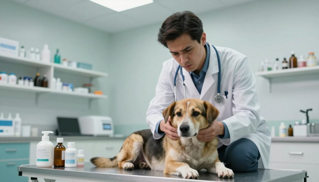 A concerned veterinarian kneeling beside a frightened dog in a veterinary clinic. The dog is lying on an examination table, visibly distressed and surrounded by medical supplies. The foreground features the vet gently holding the dog's head, while the middle section reveals a vibrant and clean clinic with shelves of medical instruments and bottles in the background. Soft, filtered overhead lighting illuminates the scene, creating a sense of urgency yet compassion. The atmosphere is tense but hopeful, reflecting a moment of care and treatment. The focus is on the vet's empathetic expression and the dog's worried eyes, emphasizing the bond between them in this critical moment.