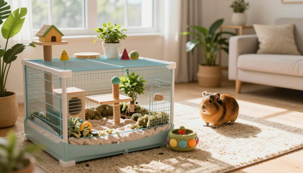 A cozy indoor environment designed for a pet degu, capturing the essence of a nurturing home. In the foreground, a vibrant, well-furnished habitat featuring a multi-level cage with soft bedding, climbing structures, and chew toys. Bright green plants and colorful decorative elements enhance the space. In the middle ground, a happy degu exploring its habitat, with its fur reflecting warm sunlight. The background showcases a well-lit room with natural light streaming in through a window, creating a warm and inviting atmosphere. The entire scene is shot from a slightly elevated angle, emphasizing the spaciousness and comfort of the room, evoking a sense of peace and well-being for the pet. Soft, natural lighting enhances the tranquility and happiness of the environment.