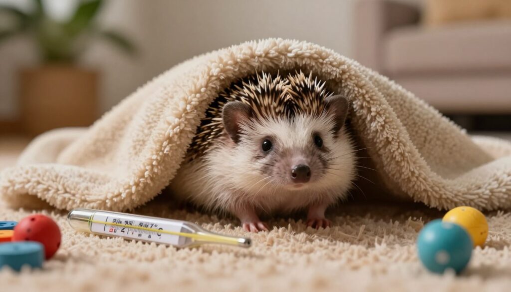 A cozy indoor scene featuring a curious pygmy hedgehog nestled in a soft, warm blanket, with a thermometer showing a temperature reading of 22-27°C nearby. The hedgehog's quills glisten softly under the gentle, diffused lighting that simulates a warm afternoon glow. In the foreground, the hedgehog is positioned playfully with wide eyes, surrounded by a few small, colorful toys. The middle ground transitions to a plush carpet and hints of a comfortable living space, with plants softly blurred in the background, suggesting a safe and nurturing home environment. The mood is peaceful and inviting, capturing the essence of a safe haven ideal for pet hedgehogs while emphasizing the importance of maintaining appropriate temperatures to prevent hibernation risk.