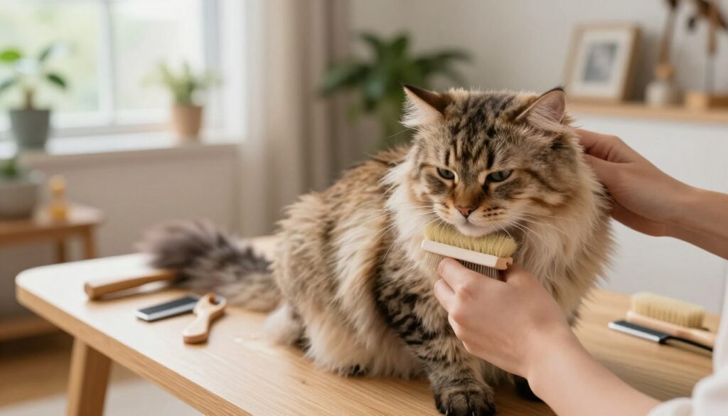 A cozy indoor scene featuring a domestic Siberian cat with thick, luxurious fur being groomed by a gentle hand. In the foreground, a close-up of the cat highlights its beautiful, fluffy coat, showcasing variations in color and texture. The hand holds a soft brush, delicately running through the cat's fur, emphasizing care and tenderness. In the middle, a light-colored wooden grooming table is adorned with grooming tools like brushes and combs. The background reveals a warm, well-lit room with large windows letting in soft, natural light, filled with plants and pet toys that evoke a sense of comfort and nurturing. The atmosphere is serene and inviting, perfect for emphasizing the importance of fur care for a Siberian cat's health.