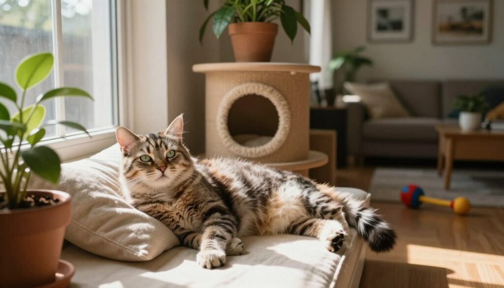 A cozy indoor scene showcasing a content cat lounging on a sunlit windowsill, surrounded by potted plants and soft pillows. In the foreground, the cat, with fluffy fur and bright eyes, stretches lazily, exuding a sense of relaxation. In the middle ground, a small wooden cat tree provides a playful space, and a few toys lay scattered nearby. The background features a warm, inviting home interior, with a glimpse of a well-lit living room and framed pictures on the walls. The lighting is soft and natural, casting gentle shadows that create a serene atmosphere. The focus is on the cat's peaceful lifestyle, emphasizing comfort, routine, and security in a home environment.