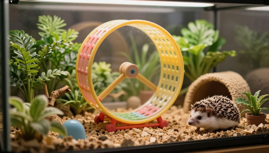A cozy terrarium setting featuring a variety of hedgehog accessories, with a prominent exercise wheel in the foreground. The scene includes lush green plants, natural substrate, and a small hideout, all designed for a pygmy hedgehog's enrichment. The wheel is brightly colored, inviting and positioned centrally, conveying motion and activity. In the background, soft ambient light filters through the glass, creating a warm, inviting atmosphere, with a slight bokeh effect to keep the focus on the accessories. The overall mood is cheerful and playful, highlighting the importance of movement for pet health. The composition captures a sense of care and attentiveness to a hedgehog’s well-being.