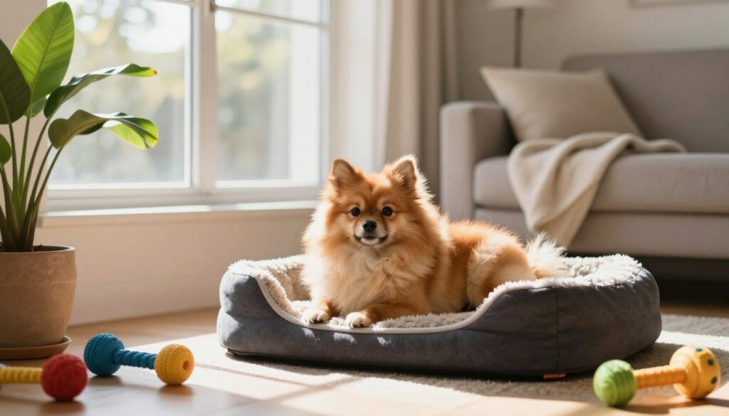 A cozy, well-lit living room scene featuring a fluffy, healthy Spitz dog resting on a stylish dog bed. The foreground includes vibrant indoor plants and pet toys scattered around, emphasizing safety and comfort. In the middle, a window reveals bright sunlight streaming in, casting warm rays that illuminate the room, suggesting a sunny day outside. The background showcases a cozy couch with a soft blanket, hinting at a family-friendly environment. The atmosphere is serene and inviting, promoting a sense of security for pets during all seasons. Focus on natural lighting that enhances the warmth of the space, with a shallow depth of field to emphasize the Spitz in the foreground.