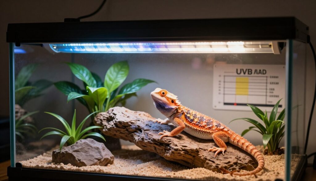 A detailed UVB lighting setup for a bearded dragon habitat, showcasing a high-quality UVB lamp positioned above a spacious terrarium. In the foreground, the lamp emits a soft blue glow, illuminating the terrarium, which contains naturalistic elements such as basking rocks, green plants, and a sandy substrate. The middle ground features the bearded dragon basking comfortably under the lamp, with its vibrant colors highlighted by the UV light, creating a warm and inviting atmosphere. In the background, a wall is adorned with diagrams of UVB light wavelengths, subtly enhancing the educational feel of the setting. The image should have a soft focus, with warm lighting to evoke a calm and informative mood, suitable for an educational article on proper bearded dragon care.