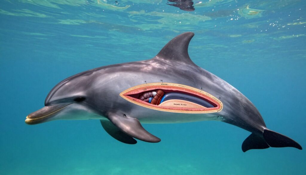 A detailed anatomical depiction of a dolphin, showcasing its unique biological features that promote longevity. The foreground highlights the dolphin's sleek body structure, with emphasis on the streamlined shape, notable fins, and the intricate design of its fluke. The middle layer reveals a cross-section view displaying the internal organs, such as the heart and lungs, with clear labels and vibrant colors indicating health and vitality. The background features a serene underwater landscape, with soft light filtering through the water, creating a tranquil atmosphere. Use a medium-angle perspective to capture the dolphin’s graceful form in motion, while maintaining a clean and educational tone. Aim for realistic textures and colors that evoke a sense of wonder about marine life. The overall mood should be informative and engaging, suitable for an educational context.