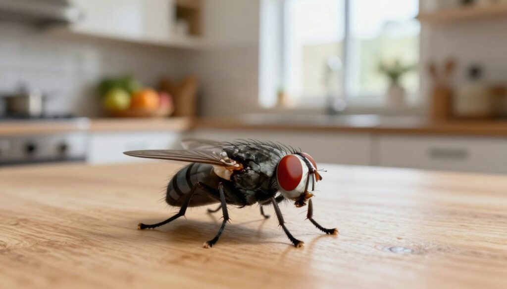 A detailed and clear portrayal of a house fly (Musca domestica) in a living room setting. The foreground focuses on a realistic, close-up view of the fly resting on a kitchen table, showcasing its distinctive features: dark striped thorax, translucent wings, and bright red compound eyes. In the middle ground, include elements of a cozy, modern kitchen with a neat arrangement of fruits and kitchen utensils, subtly hinting at a domestic environment where flies might thrive. The background should display soft, natural lighting coming through a window, casting gentle shadows that create a warm atmosphere. Capture the fly's intricate detailing with a macro lens perspective, emphasizing its relevance to the themes of household cleanliness and pest awareness, evoking a sense of both curiosity and caution.