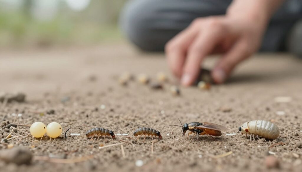 A detailed and educational illustration of the life cycle of a flea, showcasing distinct stages: eggs, larvae, and pupae, on a textured surface like soft soil or fabric. In the foreground, close-up views of flea eggs nestled into fibers, tiny larvae wriggling nearby, and a pupa in its cocoon, all highlighted with soft, diffused natural lighting. The middle layer features a blurred background, revealing a subtle human hand in modest attire gently brushing away the debris, symbolizing efforts to control the flea population. The atmosphere is a mix of informative and slightly unsettling, providing a clinical yet engaging portrayal of pest management. Use a shallow depth of field for a focused look at the life stages while leaving the background soft and atmospheric.