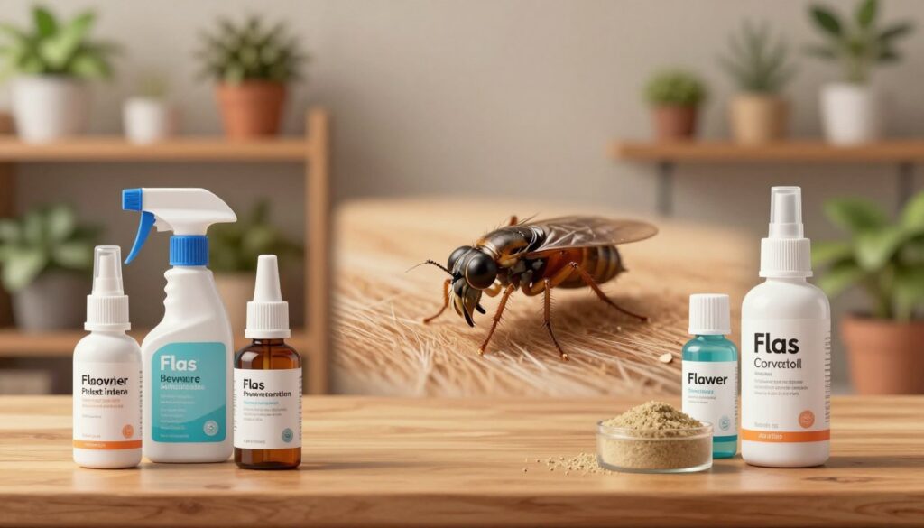 A detailed and realistic illustration of flea control methods for a scientific article section. In the foreground, depict various flea prevention products such as sprays, powders, and topical treatments neatly arranged on a wooden table. In the middle ground, show an out-of-focus close-up of a flea on a pet’s fur, emphasizing the small size and intricate details of its body. In the background, softly lit shelves lined with plants and natural remedies create a serene atmosphere. The lighting is warm and inviting, highlighting the textures of the products while casting gentle shadows. Use a shallow depth of field to keep focus on the foreground and middle elements, creating an informative yet calming scene.