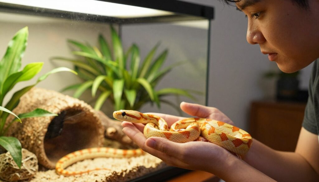 A detailed close-up of a responsible pet owner gently handling a corn snake in a cozy, well-lit home terrarium setting. In the foreground, the snake, with vibrant yellow and orange patterns, coils gracefully around the owner’s hand, showcasing its calm demeanor. The middle ground features an inviting terrarium filled with natural elements like leafy plants, rocks, and a comfortable hiding spot, emphasizing a safe environment for the snake. In the background, soft ambient lighting creates a warm atmosphere, highlighting the owner's attentive expression as they prepare to educate others about proper care. The scene conveys a sense of responsibility, warmth, and the joy of pet ownership.