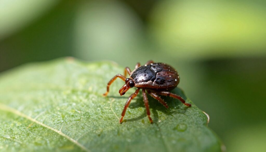 A detailed close-up of a tick on a leaf, showcasing its distinctive features such as the segmented body and tiny legs. The tick is poised as if ready to hunt, with a slightly blurred background of lush green foliage to emphasize its natural habitat. Soft, diffused sunlight filters through the leaves, creating a dappled lighting effect that adds depth and realism. The image captures the tension and anticipation of the tick as a predator, subtly illustrating its hunting behavior. The scene conveys a sense of stillness and focus in the life of a tick, evoking curiosity about its survival and activity periods. The overall atmosphere is serene yet intense, drawing attention to the tick's predatory instincts without any distractions.