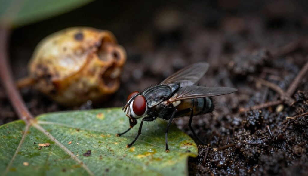 A detailed composition featuring a fly in its natural environment to illustrate key environmental factors affecting its lifespan. In the foreground, a close-up of a housefly perched on a wilted leaf, with intricate details capturing its iridescent eyes and delicate wings. In the middle ground, elements like decaying fruit and damp soil, symbolizing food scarcity. The background shows a blurred view of a dark, shadowy area to represent a harsh living environment, highlighting the fly's struggle for survival. Soft, natural lighting filtering through leaves creates a moody atmosphere, emphasizing the themes of vulnerability and decay. The image is captured with a macro lens at a slight downward angle, enhancing the fly's features while providing context of its surroundings.