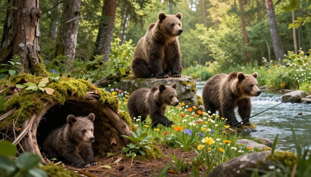 A detailed depiction of the life cycle of a bear, showcasing different stages from birth to maturity and old age. In the foreground, a newborn bear cub, small and vulnerable, nestled in a cozy den filled with moss and soft leaves. In the middle ground, a playful young bear exploring a forest clearing, surrounded by vibrant green trees and colorful wildflowers. Further back, an adult bear fishing at a river, demonstrating strength and grace. High above, a majestic older bear sits on a rocky ledge, symbolizing wisdom and experience. The lighting is warm and natural, with rays of sunlight filtering through the trees, creating a serene and nurturing atmosphere. The angle focuses on the bears’ interactions with their environment, evoking a sense of wonder and respect for nature.