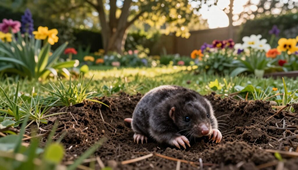 A detailed garden scene showcasing a mole in its natural habitat. In the foreground, a small, burrowing mole with soft, velvety black fur, round body, and spade-like front paws, is partially visible, digging in rich, dark soil. The middle ground features tufts of green grass and clusters of colorful flowers, offering a vibrant contrast against the brown earth. In the background, tall trees provide dappled sunlight filtering through their leaves, creating a tranquil ambiance. The lighting is warm and golden, suggesting late afternoon, creating soft shadows that enhance the scene's depth. The atmosphere is serene and quiet, reflecting the hidden life of the mole beneath the surface, making it a captivating focal point of the garden.
