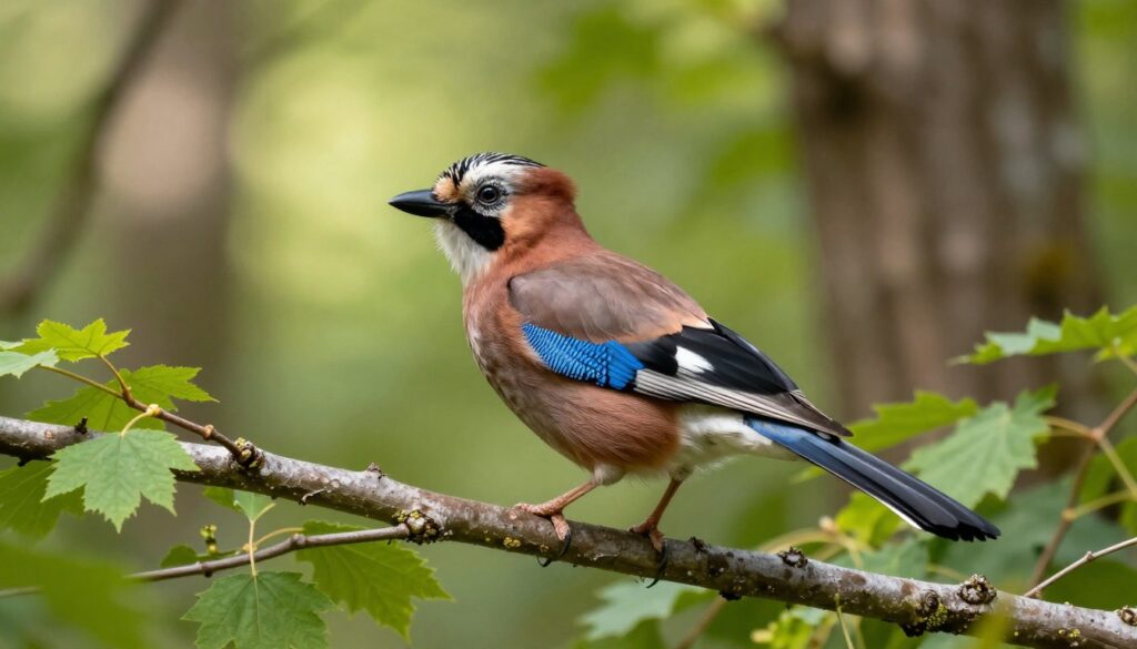 A detailed illustration of a Eurasian Jay (Garrulus glandarius) perched on a branch in a lush green forest. The bird is vividly colored with a striking blue patch on its wings, a mix of brown and grey feathers, and a distinctive black mustache stripe. The foreground features delicate leaves and twigs, while the middle ground showcases the jay in profile, highlighting its striking plumage. The background is a soft-focus blend of tree trunks and dappled sunlight filtering through the canopy, creating a serene and lively atmosphere. The image should be well-lit, capturing the vibrant colors of the bird, with a warm, inviting ambiance to showcase its natural habitat.