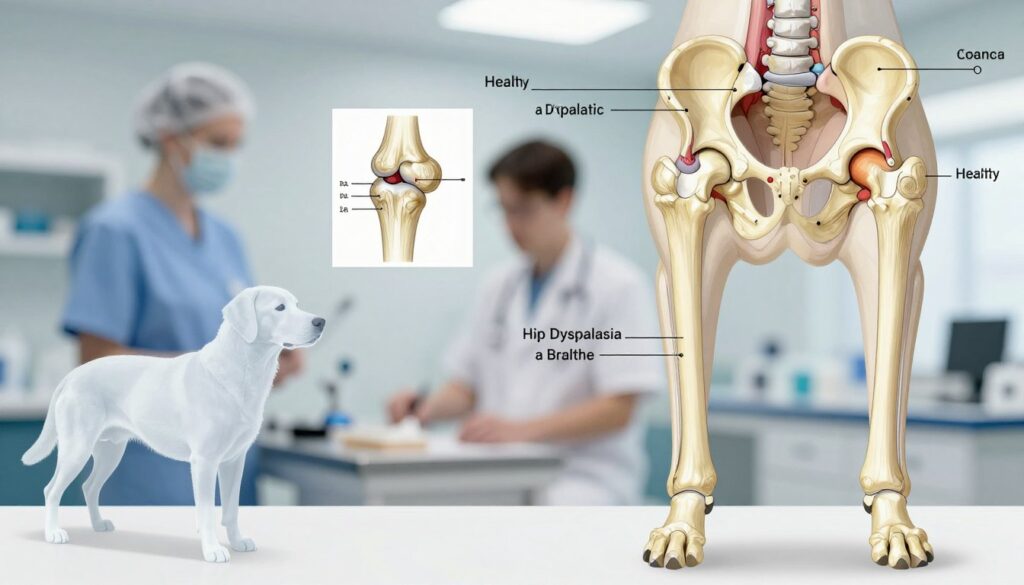 A detailed illustration of a dog's hip joint anatomy affected by hip dysplasia, prominently featuring an anatomical view of the pelvis and femur. In the foreground, showcase a transparent silhouette of a Labrador Retriever to demonstrate the dislocation and irregular bone growth characteristic of hip dysplasia, with labels for clarity. In the middle ground, integrate detailed, labeled diagrams depicting healthy vs. dysplastic hip joints, highlighting the differences in shape and alignment. In the background, utilize a soft-focus veterinary clinic setting, with neutral lighting casting a clinical but approachable atmosphere. The overall mood should be educational and informative, aimed at raising awareness of the condition while maintaining a professional aesthetic.