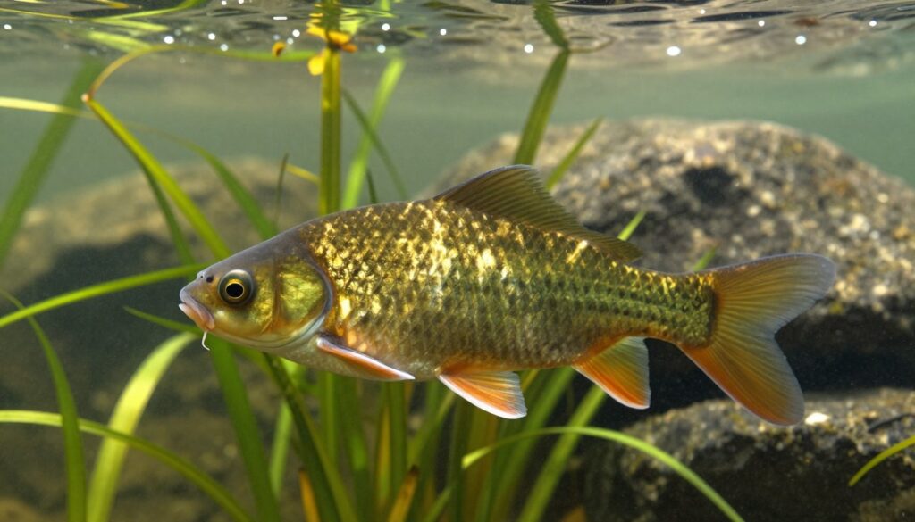 A detailed illustration of a "lin tinca tinca" (tench) swimming gracefully underwater, showcasing its distinctive olive-green body and golden flanks. In the foreground, the fish glides among lush aquatic vegetation, with its rounded shape and smooth scales catching dappled sunlight filtering through the water's surface. The middle background features gently swaying grasses and submerged rocks, adding depth and texture. The background includes a soft blur of murky water to create an immersive feeling. The overall mood is serene and natural, evoking the calmness of freshwater habitats. The lighting is soft yet vivid, capturing the tranquil essence of a natural setting, while a slightly elevated angle highlights the fish's elegance.