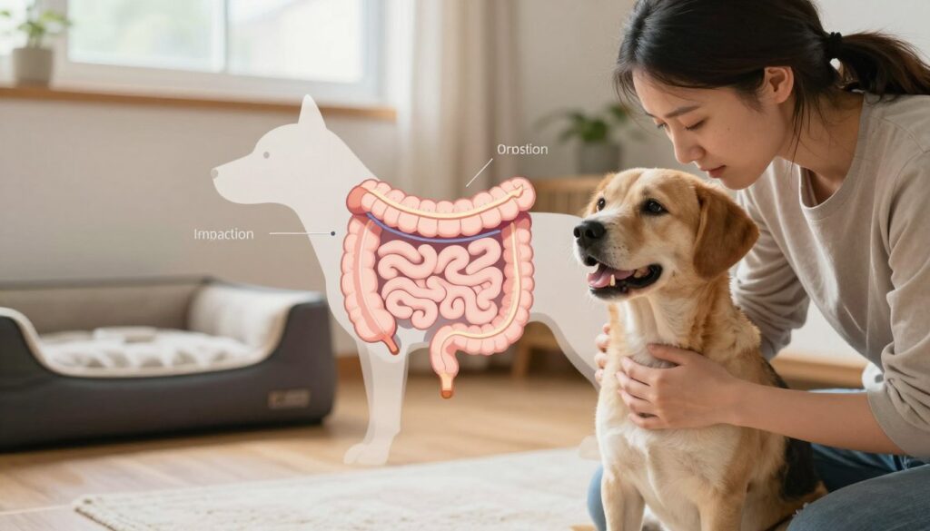 A detailed illustration of non-dietary causes of constipation in dogs, focusing on anatomy and dog care. In the foreground, a concerned, attentive dog owner gently examines their dog's abdomen, showing a blend of compassion and concern. In the middle, a diagram of a dog’s digestive system, labeled to highlight common problems like impaction or obstruction, is semi-transparent to blend with the owner's interaction. The background features a cozy home environment, with a dog bed and some pet care essentials, creating a warm atmosphere. Soft, natural lighting comes from a window, illuminating the scene with a calm and educational mood. The composition uses a slightly elevated angle to capture both the owner and the informative elements clearly, ensuring clarity and focus without distractions.