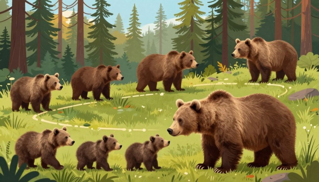 A detailed illustration of the life cycle of a brown bear (Ursus arctos) set in a serene forest environment. In the foreground, a mother bear and her playful cubs interact, showcasing the nurturing aspect of their species. In the middle ground, depict a variety of brown bears at different life stages, from juvenile to adult, to illustrate growth and development. In the background, include a dense, lush forest with tall pine trees and a clear blue sky to convey their natural habitat. Soft, golden sunlight filters through the leaves, creating a warm and inviting atmosphere. The image captures the essence of survival and reproduction in nature, focusing on the beauty and challenge of life as a brown bear.