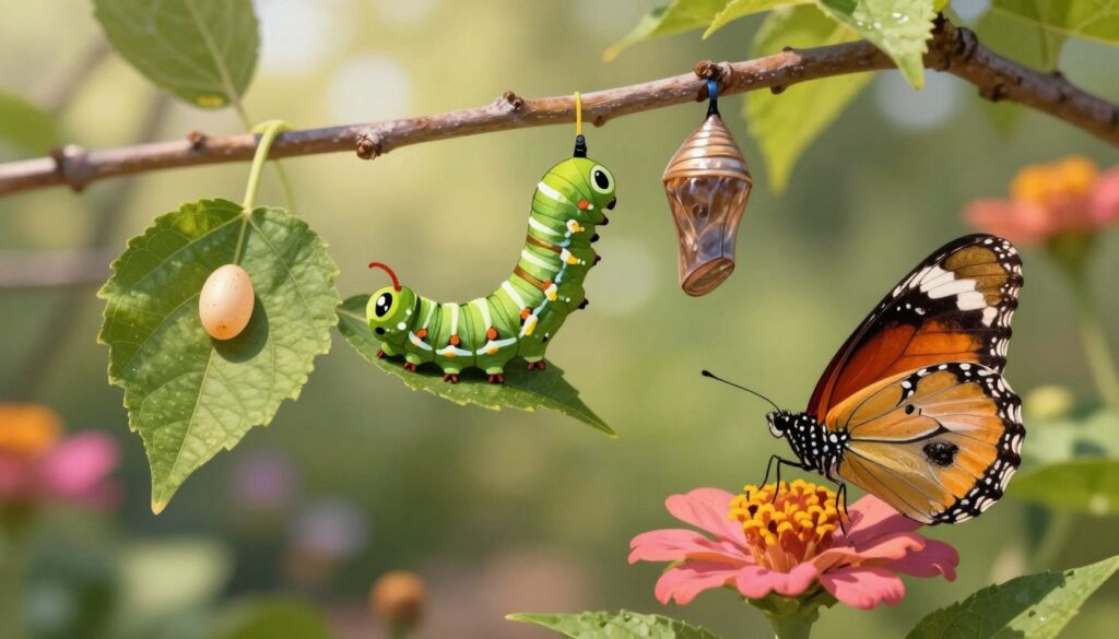 A detailed illustration of the life cycle of a butterfly, showcasing its transformation from egg to caterpillar, chrysalis, and finally to an adult butterfly. In the foreground, depict a beautifully colored butterfly perched on a vibrant flower, its wings spread to reveal intricate patterns. In the middle layer, illustrate the different stages of the life cycle: tiny eggs on a leaf, a munching caterpillar, and a chrysalis hanging beneath a branch. The background should feature a soft, blurred garden scene to create a serene atmosphere, with dappled sunlight filtering through leaves. Use warm, natural lighting to enhance the colors and provide a sense of tranquility, capturing the delicate balance of nature. The image should evoke a feeling of life, growth, and transformation, without any text or distractions.