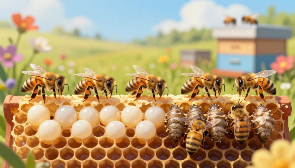A detailed illustration of the life cycle of a honeybee, featuring distinct stages from egg to adult worker bee. In the foreground, display a close-up of a vibrant, hexagonal honeycomb filled with developing bees – eggs at the top, larvae in creamy white, and pupae encased in silk. The middle ground should show adult worker bees in various tasks: foraging flowers, tending to the hive, and caring for the brood. In the background, a sunny meadow filled with colorful flowers and a blue sky to create a lively atmosphere. Employ soft, natural lighting to highlight the bees and honeycomb, with a shallow depth of field to emphasize the life cycle's intricacies. The overall mood should be educational and engaging, inviting exploration into the fascinating world of bees.
