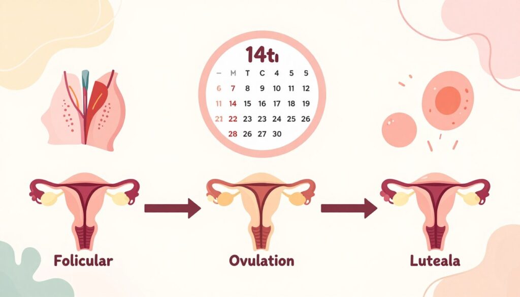 A detailed illustration of the menstrual cycle and ovulation process, showcasing a vibrant, educational diagram. In the foreground, include labeled phases of the menstrual cycle, such as follicular phase, ovulation, and luteal phase, depicted with anatomical illustrations of the ovaries and uterus in soft pastel colors. The middle ground should show a circular calendar highlighting the 14th day, symbolizing ovulation, with gentle arrows indicating the release of an egg. The background features abstract representations of hormones influencing the cycle, like estrogen and progesterone, in soothing tones. The lighting is bright and welcoming, with a soft glow that enhances clarity. The overall atmosphere should be informative yet approachable, promoting a sense of understanding and comfort around the topic.