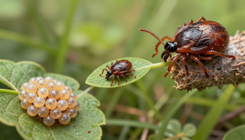 A detailed illustration of the tick life cycle, showcasing the stages from egg to adult. In the foreground, display a close-up of a tick egg cluster, with tiny eggs glistening and nestled among leaves. In the middle ground, illustrate a larva, small and spindly, feeding on a leaf, next to a nimfa, slightly larger with developing features. In the background, depict an adult tick on a host, showing distinct mouthparts and segmented body. Use soft natural lighting to highlight the textures and colors of the ticks and their environment. Capture a scientific yet engaging mood, with a focus on realism, encouraging viewers to appreciate the intricacies of the tick life cycle. Ensure that the setting reflects their natural habitat, such as forested or grassy terrain.