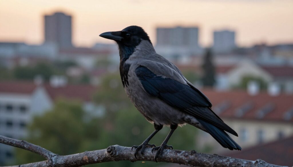 A detailed image of a "wrona siwa," or hooded crow, perched on an urban branch. In the foreground, the crow is depicted with striking gray feathers and a distinctive black hood, showcasing its sharp beak and intelligent eyes. The middle ground features a blurred cityscape with muted colors, hinting at buildings and greenery, creating a contrast with the vibrant bird. A soft evening light casts a warm glow, enhancing the textures of the crow's plumage. The background includes a faint silhouette of a skyline against a sunset sky. The scene conveys a sense of urban adaptability of the species while maintaining a tranquil atmosphere, emphasizing the beauty and uniqueness of this corvid.