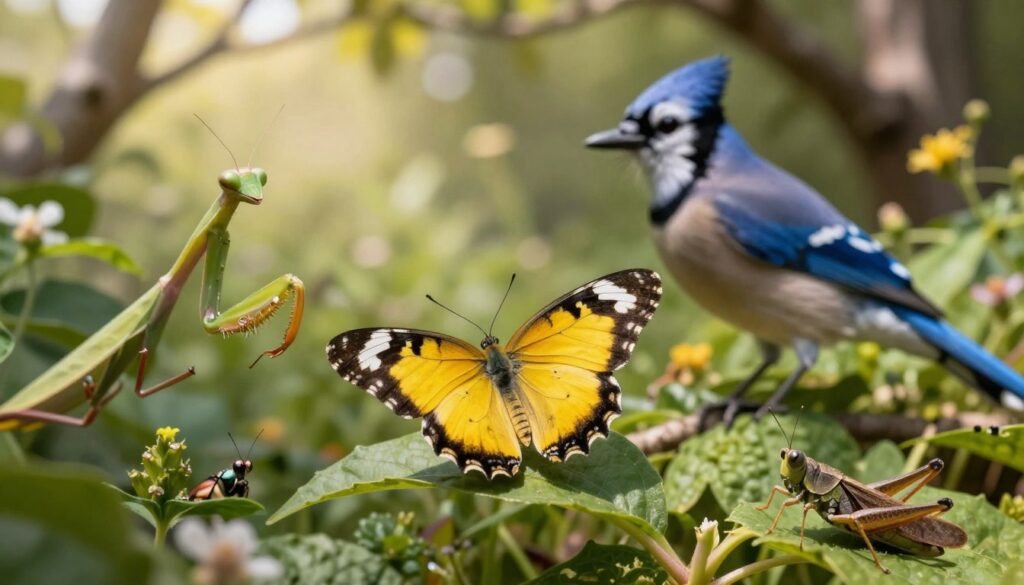 A detailed scene depicting the natural enemies of the Lemon Butterfly in its habitat. In the foreground, show a vibrant Lemon Butterfly with its characteristic yellow and black markings perched delicately on a green leaf. Surrounding it, include various natural predators like a mesmerizing Blue Jay with striking plumage, a cunning Praying Mantis camouflaged among the foliage, and a curious grasshopper. In the middle ground, lush vegetation and wildflowers create a thriving ecosystem, while hints of other small insect hunters can be seen. The background features a softly blurred natural setting bathed in warm sunlight, filtering through tree branches to create dappled shadows. The mood is one of vivid life and delicate balance, capturing both beauty and the constant threat faced by the butterfly. The composition should have a slight depth of field to emphasize the butterfly while maintaining a sense of environment.
