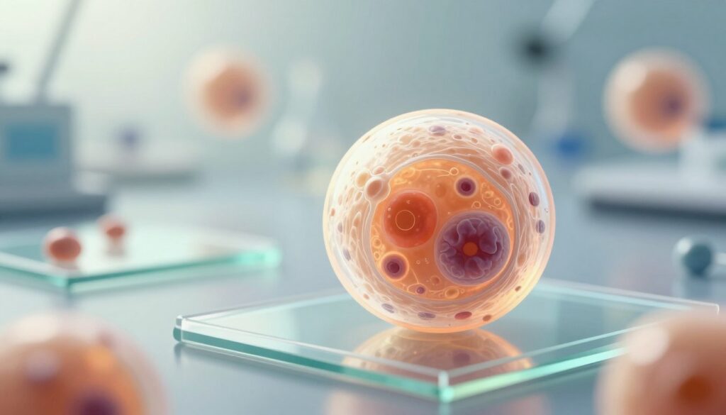 A detailed scientific illustration of an egg cell (oocyte) in a laboratory setting, showcasing the quality and structure of the cell. In the foreground, a highly magnified view of the egg cell reveals intricate details of its surface and internal components, emphasizing its vitality and health. The middle ground features a soft-glowing laboratory environment with glass slides and scientific equipment subtly blurred to maintain focus on the egg cell. The background includes faint silhouettes of reproductive cells, symbolizing fertility. Utilizes soft, diffused lighting to create a calm, informative atmosphere, with a shallow depth of field that enhances the egg cell's prominence. The composition conveys a sense of hope and scientific exploration, reflecting the importance of egg quality in fertility.