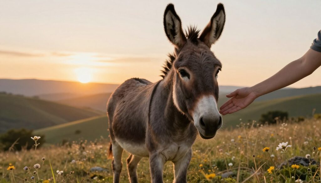 A determined donkey stands firm in the foreground, showcasing its sturdy build and keen, expressive eyes, symbolizing its strong will. The donkey is surrounded by a rustic setting featuring gentle rolling hills and a few scattered wildflowers, creating a serene atmosphere. In the middle ground, a gentle hand interacts with the donkey, showcasing a caring relationship, demonstrating trust and understanding between human and animal. The background features a warm sunset casting golden light, enhancing the peaceful ambiance. The lighting creates soft shadows and highlights on the donkey’s fur, making it appear lively and vibrant. Capture the essence of perseverance and gentle strength in the donkey's posture, evoking a sense of harmony and connection.