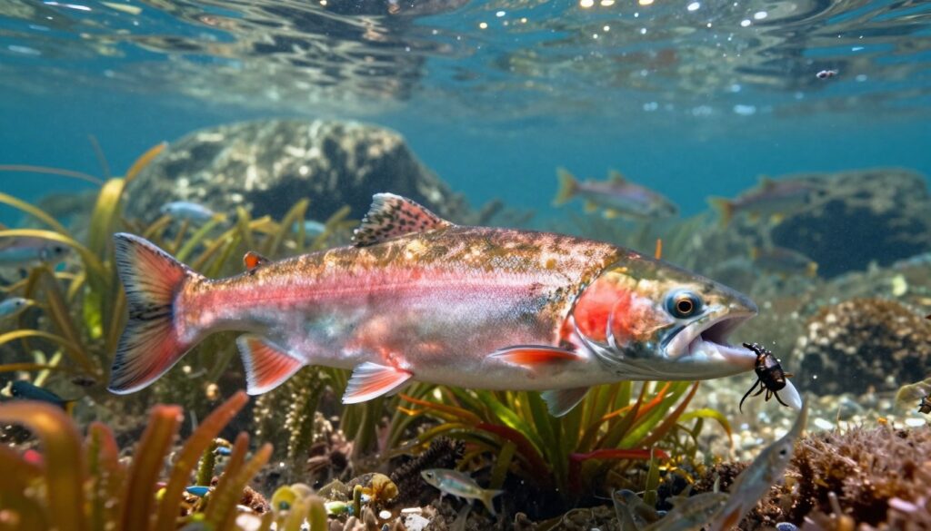 A dynamic underwater scene showcasing a vibrant salmon fish actively foraging for food among a diverse marine environment. In the foreground, focus on the salmon displaying its distinctive pinkish-orange hue, gliding gracefully through clear waters, with its mouth open to catch small fish and aquatic insects. In the middle, depict clusters of colorful underwater plants and schools of smaller fish, creating a lively atmosphere and illustrating the diet of the salmon. In the background, include softly blurred rocks and sunlight filtering through the surface, casting dappled shadows. The lighting should be bright and natural, creating a serene yet energetic mood, capturing the essence of the salmon’s feeding habits and growth influences within its habitat.