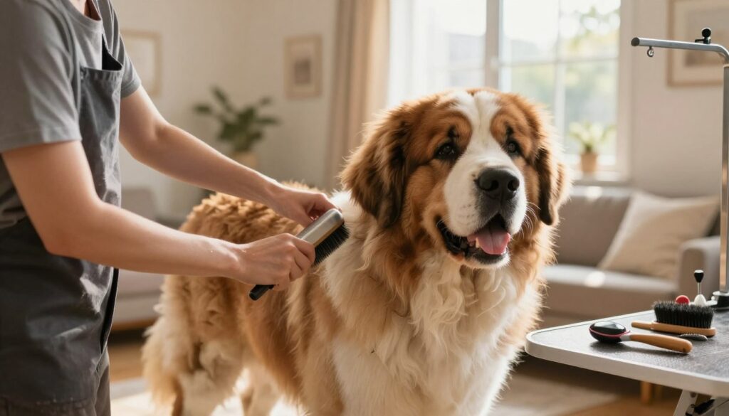 A gentle, fluffy Saint Bernard is being groomed in a cozy home setting. The foreground features a person in casual attire, attentively brushing the dog's thick, wavy coat, showcasing the bond between them. In the middle, the well-loved dog has a joyful expression, highlighting its friendly demeanor and ensuring its comfort during the grooming process. The background softly fades into a warm, inviting room with natural light streaming through a large window, illuminating the space with a golden glow. The atmosphere is nurturing and peaceful, emphasizing the importance of grooming for the dog’s health. A few grooming supplies, like brushes and clippers, are neatly placed on a nearby table, enhancing the scene's authenticity. The composition captures a moment of care that positively impacts the Saint Bernard’s well-being.