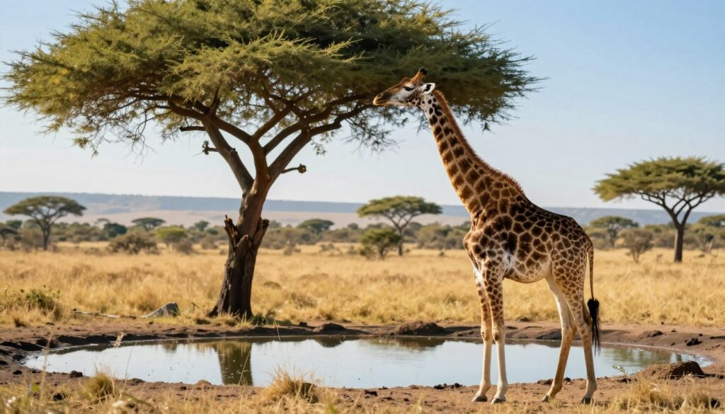A graceful giraffe standing majestically in a sunlit savannah, its long neck reaching high towards a lush acacia tree, which is laden with green leaves. The foreground features detailed textures of the giraffe's unique coat patterns. In the middle ground, a clear waterhole glistens under the bright sunlight, reflecting the surrounding grasses and the azure sky. A warm, golden hue envelops the scene, evoking a tranquil and serene atmosphere. The background showcases distant hills and scattered trees, fading into a gentle blur to emphasize the giraffe and the water source. Capture this scene with a soft focus lens effect for a dreamy and inviting mood, highlighting the importance of diet and water access in the giraffe’s natural habitat.